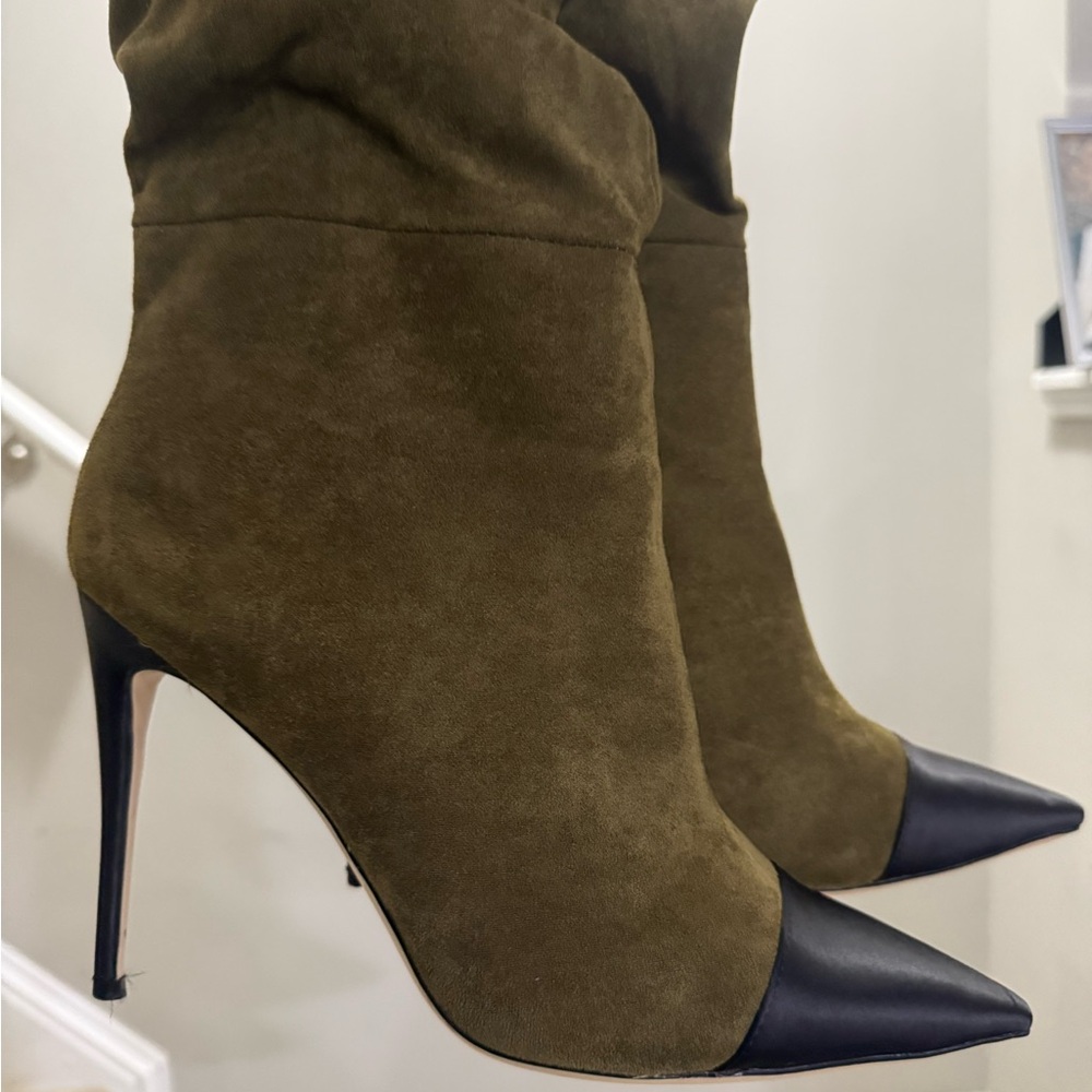 Elegant Olive Suede Stiletto Boots - knee high - Picture 8 of 11